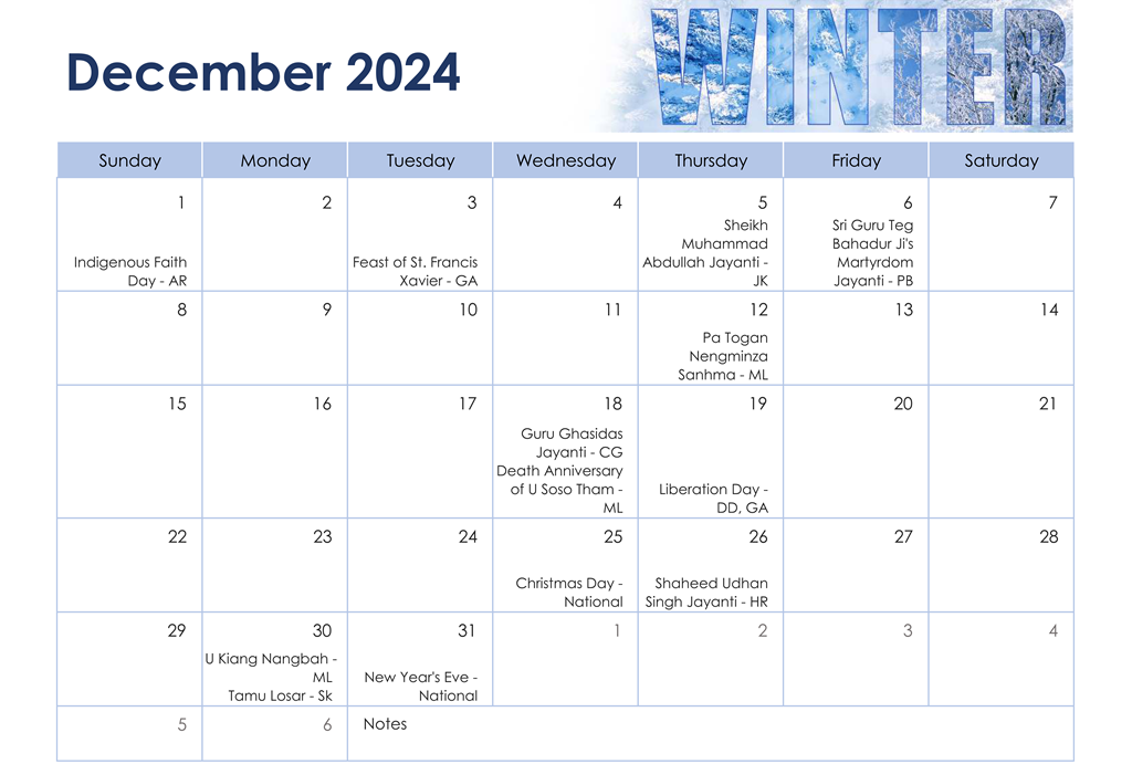 List of Important days in December 2024 English Calendar